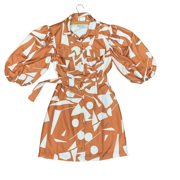 NWT Passion Fusion Tan Geometric Print Midi Shirt Dress w/ Puff Sleeves - Size 8 - Picture 4 of 7